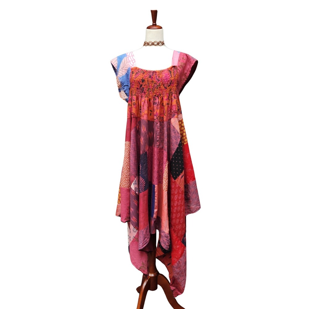 Vintage Patchwork Maxi Dress M/L Rag Patchwork Boho Asymmetrical Colorful Fairy